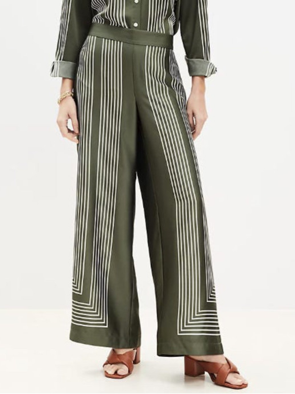 Loft Olive Striped Geometric Wide-Leg Pants